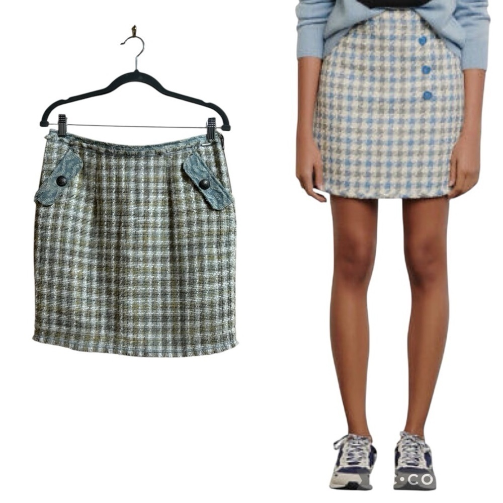 NWT NTS Sz 8 Tweed Houndstooth Lined Mini Skirt Pockets Blue Ivory Yellow